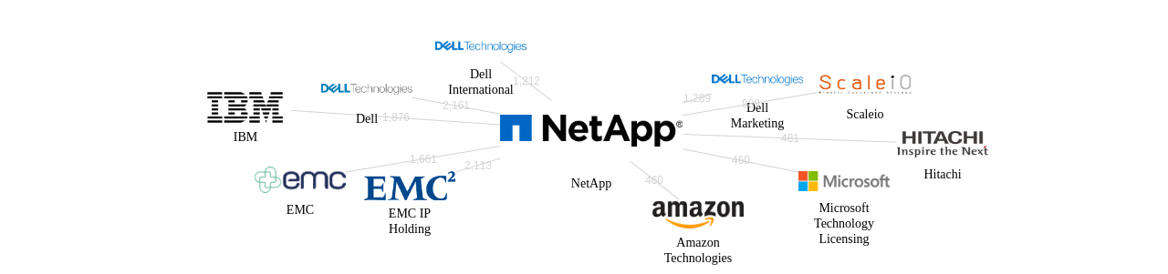 NetApp 보유 US 특허를 피인용forward citation하는 후행 특허 보유 기업 네트워크 데이터 기준일 20240101 그림