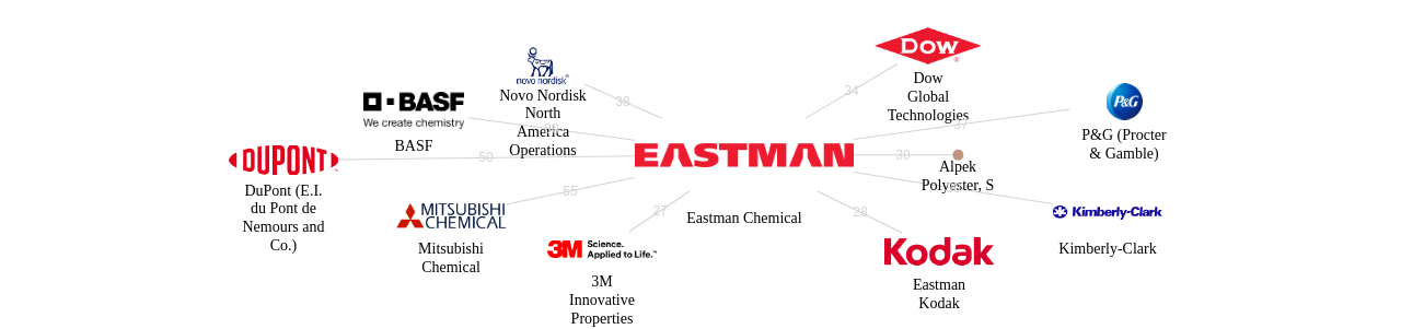 Eastman Chemical 보유 US 특허를 피인용forward citation하는 후행 특허 보유 기업 네트워크 데이터 기준일 20240101 그림
