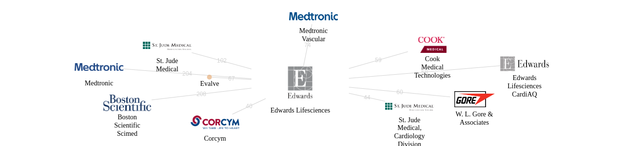 Edwards Lifesciences 보유 US 특허를 거절시키는데 사용된 선행 특허 보유 기업 네트워크 데이터 기준일 20240101 그림