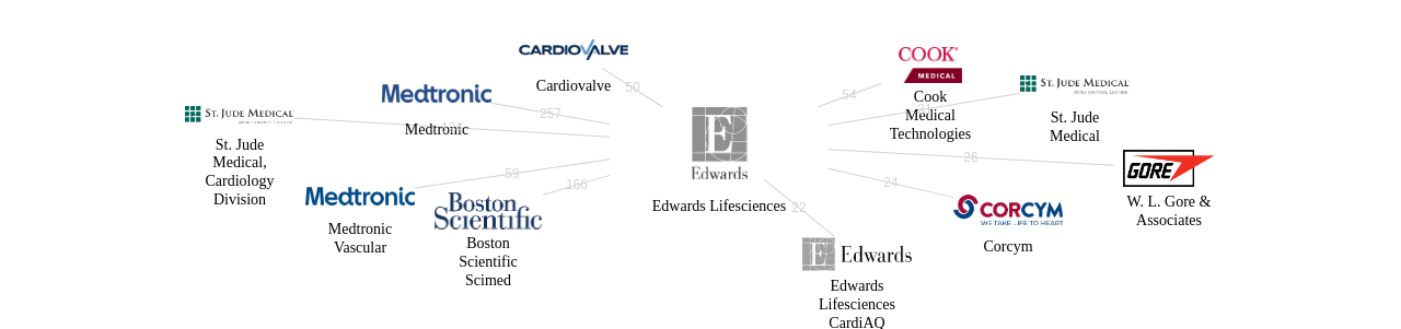 Edwards Lifesciences 보유 US 특허가 거절시키는데 사용된 후행 특허 보유 기업 네트워크 데이터 기준일 20240101 그림