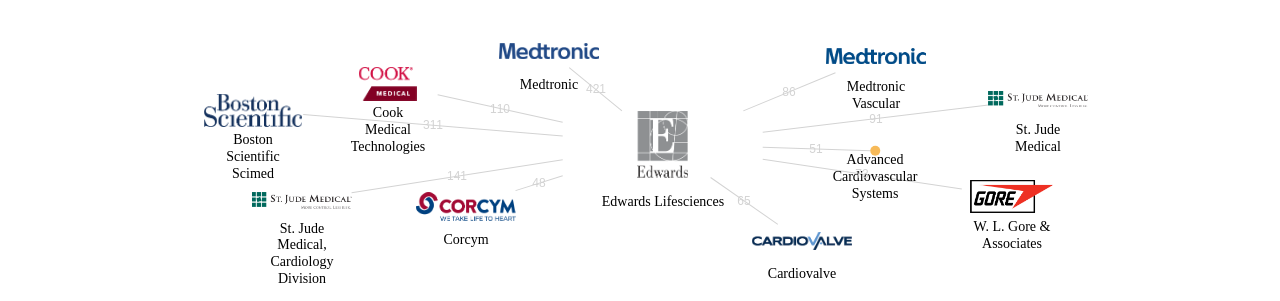 Edwards Lifesciences 보유 US 특허를 피인용forward citation하는 후행 특허 보유 기업 네트워크 데이터 기준일 20240101 그림