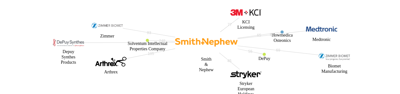 Smith  Nephew 보유 US 특허가 거절시키는데 사용된 후행 특허 보유 기업 네트워크 데이터 기준일 20240101 그림