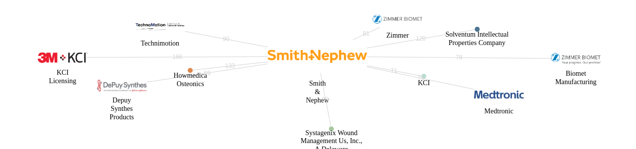 Smith  Nephew 보유 US 특허를 거절시키는데 사용된 선행 특허 보유 기업 네트워크 데이터 기준일 20240101 그림
