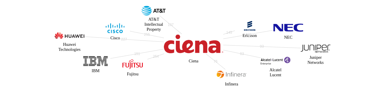 Ciena 보유 US 특허가 거절시키는데 사용된 후행 특허 보유 기업 네트워크 데이터 기준일 20240101 그림