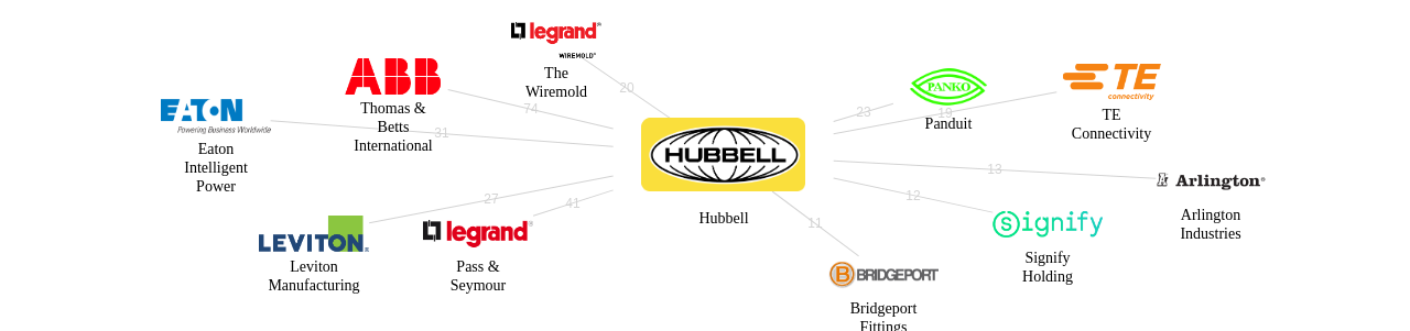 Hubbell 보유 US 특허를 거절시키는데 사용된 선행 특허 보유 기업 네트워크 데이터 기준일 20240101 그림
