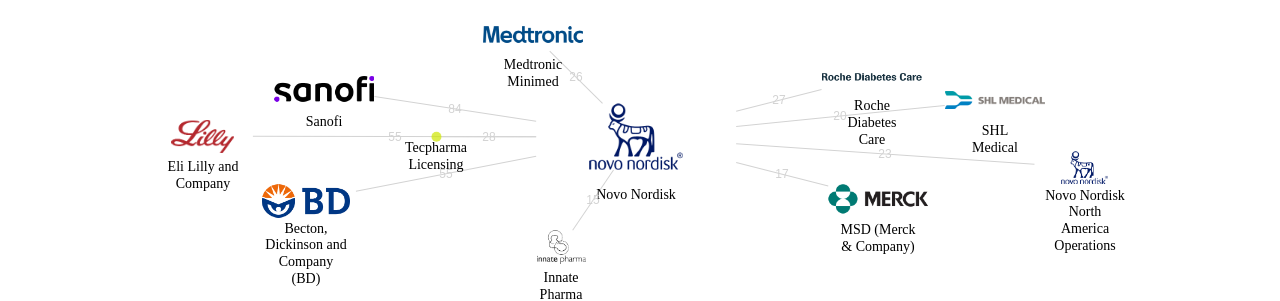 Novo Nordisk 보유 US 특허가 인용reference하는 선행 특허 보유 기업 네트워크 데이터 기준일 20240101 그림