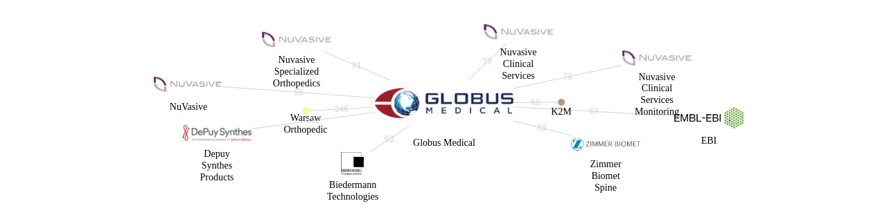 Globus Medical 보유 US 특허를 피인용forward citation하는 후행 특허 보유 기업 네트워크 데이터 기준일 20240101 그림