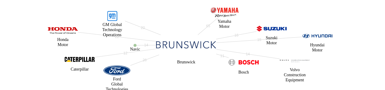 Brunswick 보유 US 특허가 거절시키는데 사용된 후행 특허 보유 기업 네트워크 데이터 기준일 20240101 그림
