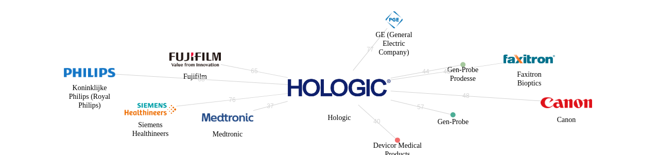 Hologic 보유 US 특허가 거절시키는데 사용된 후행 특허 보유 기업 네트워크 데이터 기준일 20240101 그림