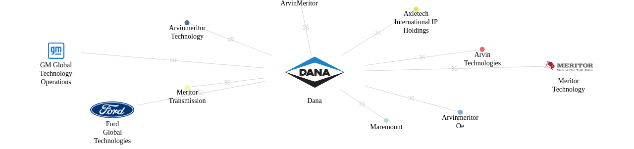 Dana 보유 US 특허가 거절시키는데 사용된 후행 특허 보유 기업 네트워크 데이터 기준일 20240101 그림