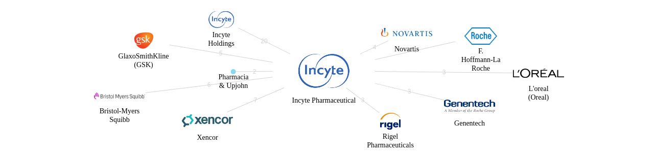Incyte Pharmaceutical 보유 US 특허를 거절시키는데 사용된 선행 특허 보유 기업 네트워크 데이터 기준일 20240101 그림