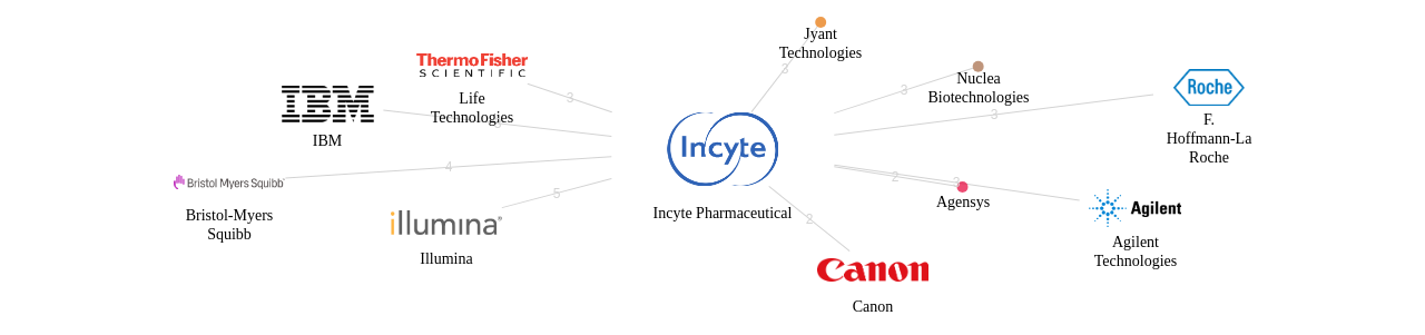 Incyte Pharmaceutical 보유 US 특허가 거절시키는데 사용된 후행 특허 보유 기업 네트워크 데이터 기준일 20240101 그림