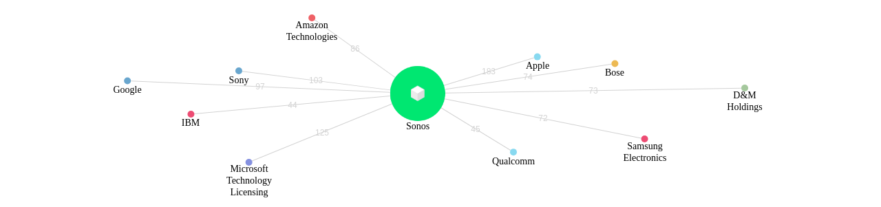 Sonos 보유 US 특허를 거절시키는데 사용된 선행 특허 보유 기업 네트워크 데이터 기준일 20240101 그림