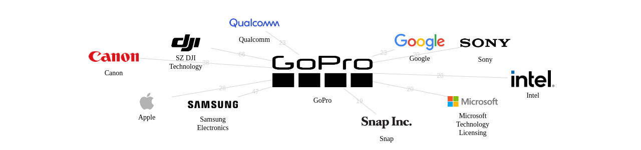 GoPro 보유 US 특허가 거절시키는데 사용된 후행 특허 보유 기업 네트워크 데이터 기준일 20240101 그림