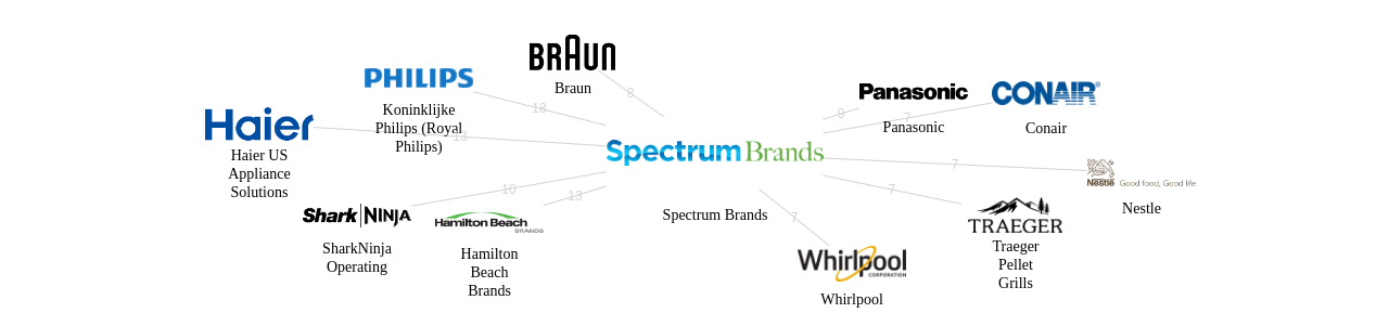 Spectrum Brands 보유 US 특허가 거절시키는데 사용된 후행 특허 보유 기업 네트워크 데이터 기준일 20240101 그림