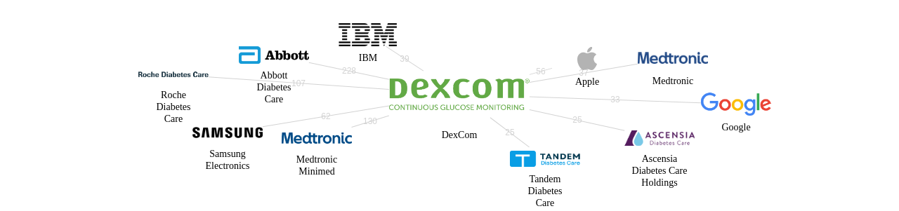 DexCom 보유 US 특허를 피인용forward citation하는 후행 특허 보유 기업 네트워크 데이터 기준일 20240101 그림