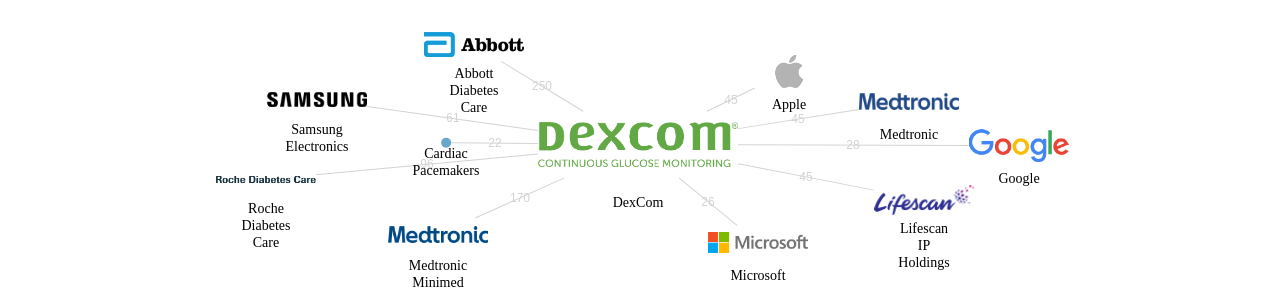 DexCom 보유 US 특허가 인용reference하는 선행 특허 보유 기업 네트워크 데이터 기준일 20240101 그림