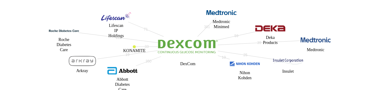 DexCom 보유 US 특허를 거절시키는데 사용된 선행 특허 보유 기업 네트워크 데이터 기준일 20240101 그림