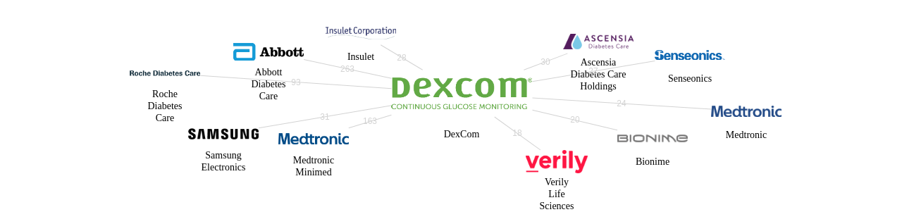 DexCom 보유 US 특허가 거절시키는데 사용된 후행 특허 보유 기업 네트워크 데이터 기준일 20240101 그림