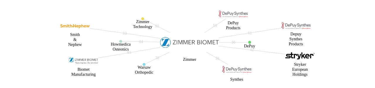 Zimmer 보유 US 특허를 거절시키는데 사용된 선행 특허 보유 기업 네트워크 데이터 기준일 20240101 그림