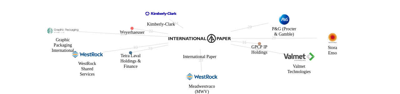 International Paper 보유 US 특허를 피인용forward citation하는 후행 특허 보유 기업 네트워크 데이터 기준일 20240101 그림