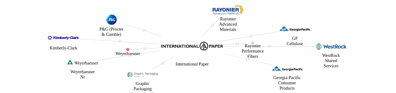 International Paper 보유 US 특허를 거절시키는데 사용된 선행 특허 보유 기업 네트워크 데이터 기준일 20240101 그림