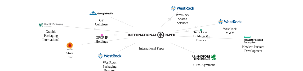 International Paper 보유 US 특허가 거절시키는데 사용된 후행 특허 보유 기업 네트워크 데이터 기준일 20240101 그림