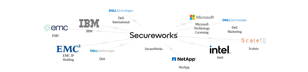 SecureWorks 보유 US 특허를 거절시키는데 사용된 선행 특허 보유 기업 네트워크 데이터 기준일 20240101 그림