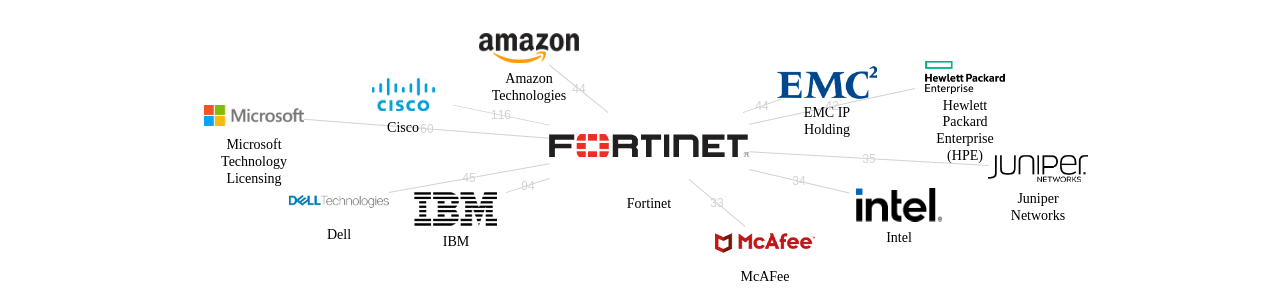 Fortinet 보유 US 특허가 거절시키는데 사용된 후행 특허 보유 기업 네트워크 데이터 기준일 20240101 그림