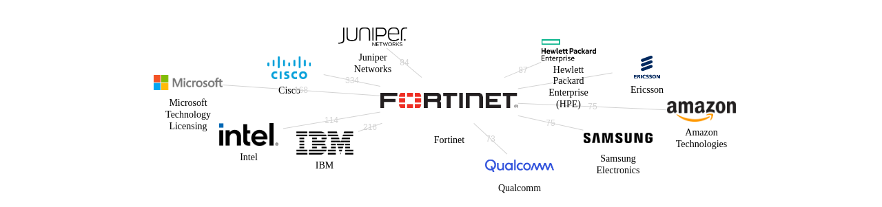 Fortinet 보유 US 특허가 인용reference하는 선행 특허 보유 기업 네트워크 데이터 기준일 20240101 그림