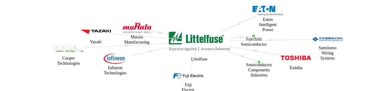 Littelfuse 보유 US 특허가 인용reference하는 선행 특허 보유 기업 네트워크 데이터 기준일 20240101 그림