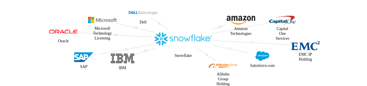 Snowflake 보유 US 특허가 거절시키는데 사용된 후행 특허 보유 기업 네트워크 데이터 기준일 20240101 그림