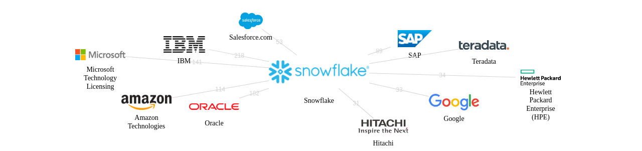 Snowflake 보유 US 특허를 거절시키는데 사용된 선행 특허 보유 기업 네트워크 데이터 기준일 20240101 그림
