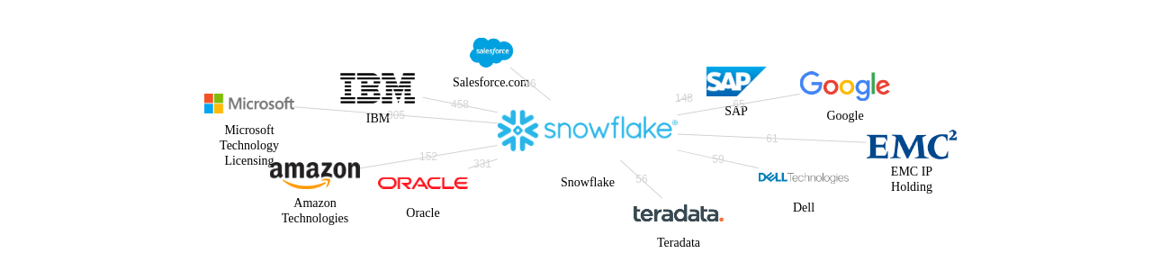 Snowflake 보유 US 특허가 인용reference하는 선행 특허 보유 기업 네트워크 데이터 기준일 20240101 그림