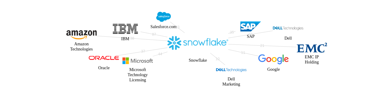 Snowflake 보유 US 특허를 피인용forward citation하는 후행 특허 보유 기업 네트워크 데이터 기준일 20240101 그림