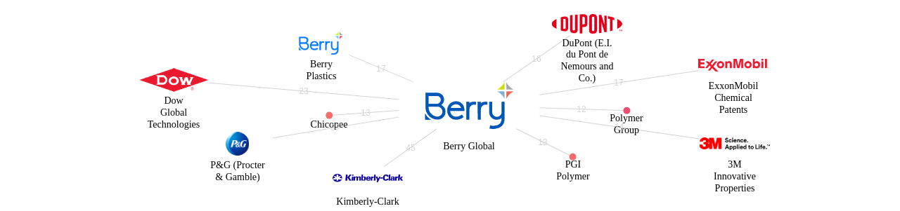 Berry Global 보유 US 특허를 거절시키는데 사용된 선행 특허 보유 기업 네트워크 데이터 기준일 20240101 그림