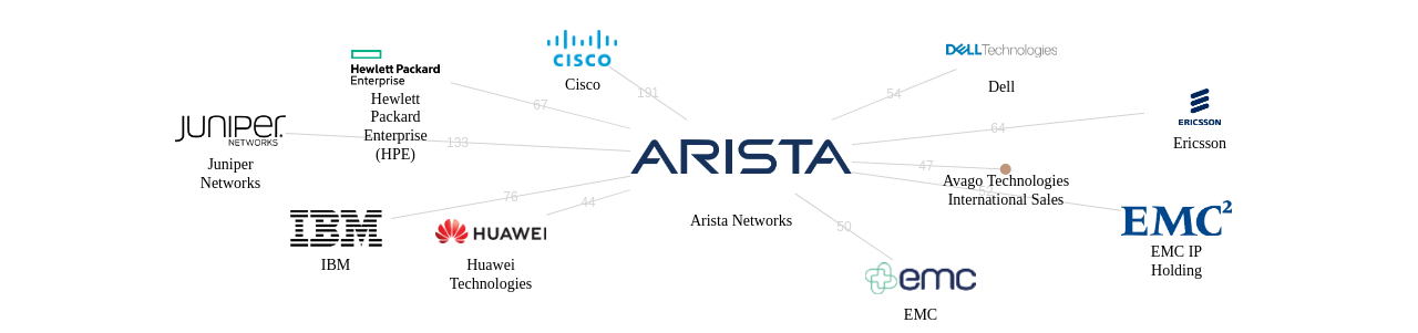 Arista Networks 보유 US 특허를 거절시키는데 사용된 선행 특허 보유 기업 네트워크 데이터 기준일 20240101 그림