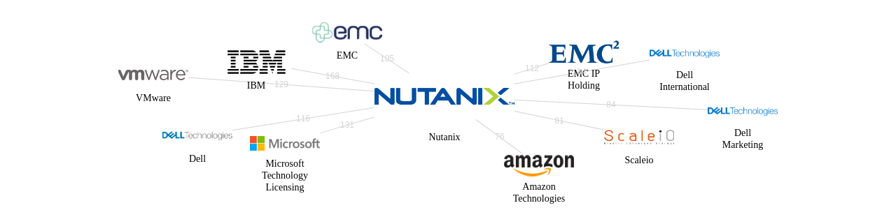 Nutanix 보유 US 특허를 거절시키는데 사용된 선행 특허 보유 기업 네트워크 데이터 기준일 20240101 그림