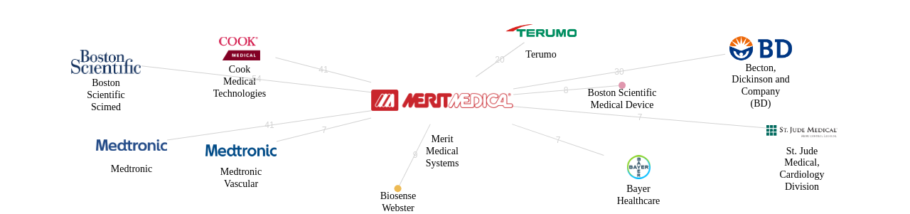 Merit Medical Systems 보유 US 특허가 거절시키는데 사용된 후행 특허 보유 기업 네트워크 데이터 기준일 20240101 그림