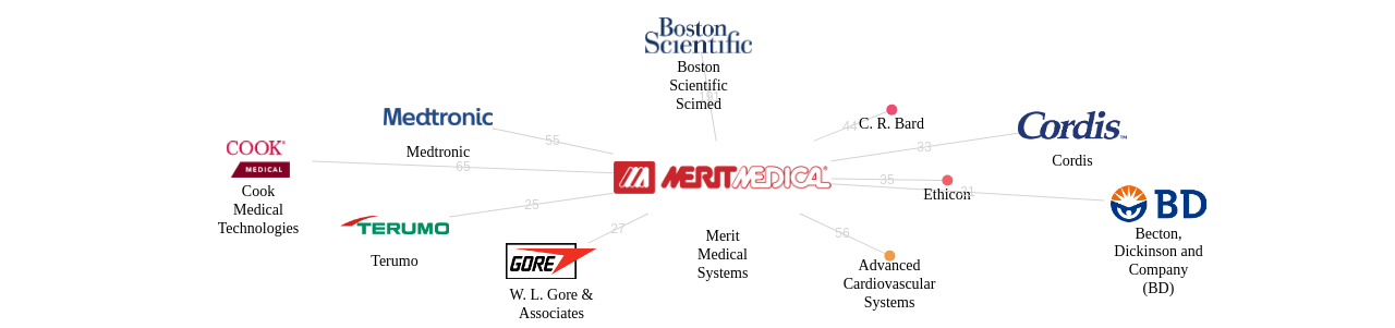 Merit Medical Systems 보유 US 특허가 인용reference하는 선행 특허 보유 기업 네트워크 데이터 기준일 20240101 그림
