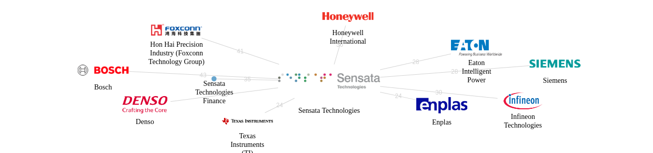 Sensata Technologies 보유 US 특허를 피인용forward citation하는 후행 특허 보유 기업 네트워크 데이터 기준일 20240101 그림