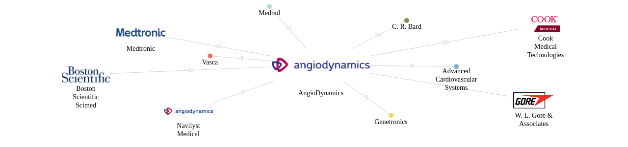 AngioDynamics 보유 US 특허를 거절시키는데 사용된 선행 특허 보유 기업 네트워크 데이터 기준일 20240101 그림