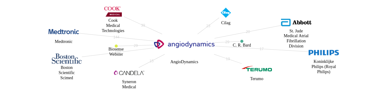AngioDynamics 보유 US 특허가 거절시키는데 사용된 후행 특허 보유 기업 네트워크 데이터 기준일 20240101 그림