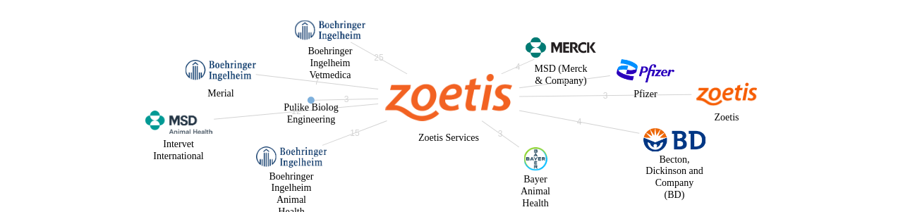 Zoetis Services 보유 US 특허를 피인용forward citation하는 후행 특허 보유 기업 네트워크 데이터 기준일 20240101 그림