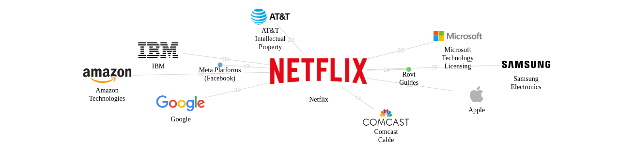 Netflix 보유 US 특허가 거절시키는데 사용된 후행 특허 보유 기업 네트워크 데이터 기준일 20240101 그림