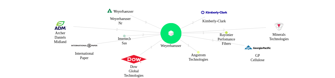 Weyerhaeuser 보유 US 특허를 거절시키는데 사용된 선행 특허 보유 기업 네트워크 데이터 기준일 20240101 그림