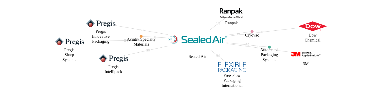 Sealed Air 보유 US 특허가 인용reference하는 선행 특허 보유 기업 네트워크 데이터 기준일 20240101 그림