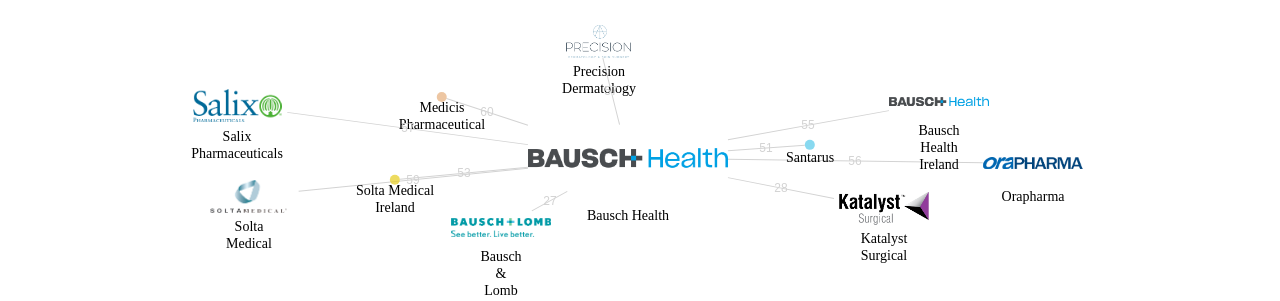 Bausch Health 보유 US 특허를 피인용forward citation하는 후행 특허 보유 기업 네트워크 데이터 기준일 20240101 그림