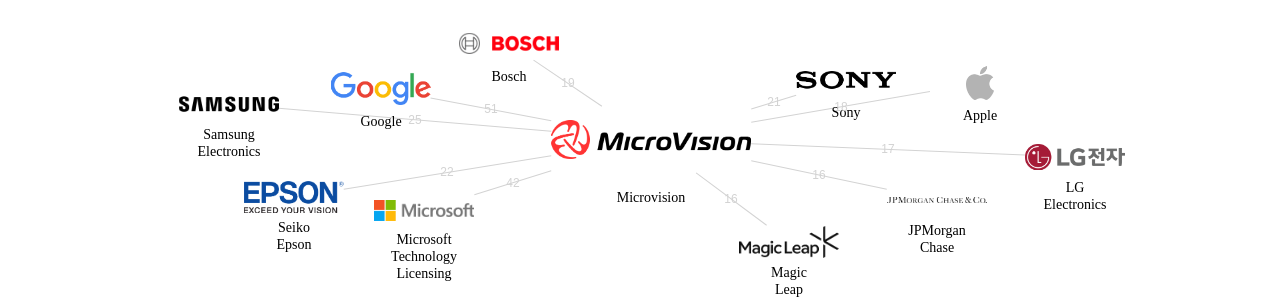 Microvision 보유 US 특허가 거절시키는데 사용된 후행 특허 보유 기업 네트워크 데이터 기준일 20240101 그림