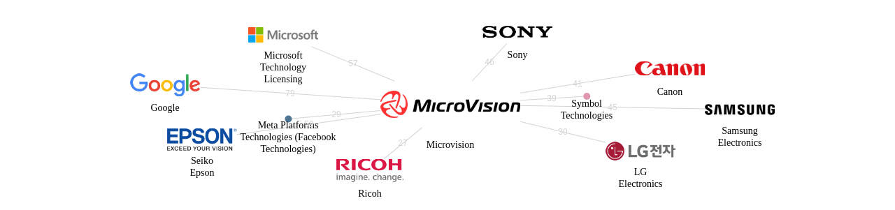 Microvision 보유 US 특허를 피인용forward citation하는 후행 특허 보유 기업 네트워크 데이터 기준일 20240101 그림